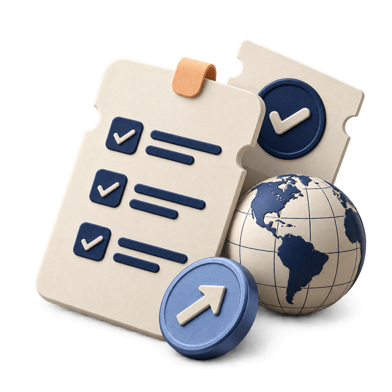 Task tickets, a confirmation seal and a globe